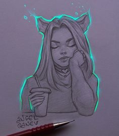 a drawing of a girl with cat ears holding a cell phone