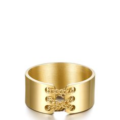 Introducing the Corset Ring - a bold and beautiful piece of jewelry that is sure to turn heads. This sexy and sleek ring is crafted with 18K gold plated stainless steel and features a unique design that is both eye-catching and elegant. The Corset Ring's design is inspired by the timeless allure of the corset, featuring a series of curved, interlocking bands that wrap around your finger in a sensual and captivating way. This stunning design is sure to make a statement and add a touch of glamour Elegant Wide Band Ring With Thick Metal Band, Modern Gold Wide Band Metal Ring, Modern Gold Chain Ring For Formal Occasions, Elegant Gold Wide Band Metal Ring, Corset Ring, Ring Designs, 18k Gold, Gold Plate, Unique Designs