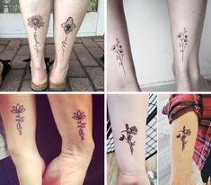 four different tattoos on the legs of people with flowers and cross tattoo designs in them