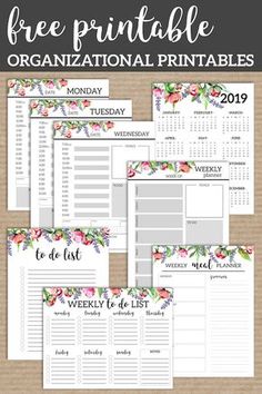 the free printable planner is shown with flowers and leaves on it, along with other items