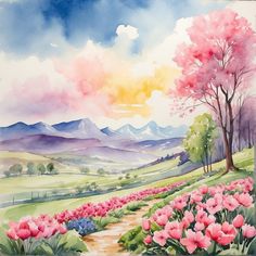 a watercolor painting of pink flowers and mountains