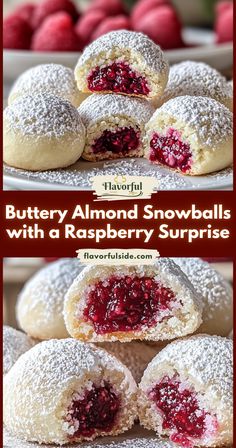 several different images of raspberry snowballs with powdered sugar