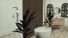 a bathroom with white brick walls and wood flooring is pictured in this image, there are mirrors on either side of the bathtub