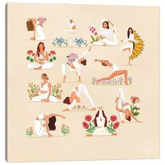 an illustration of women doing yoga poses on the beach with flowers and sunflowers