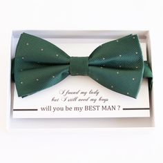 "Emerald Green bow tie Best man Groomsman Man of honor ring bearer request, Emerald Green Toddler adult bow, Adjustable Pre tied High quality Bow Color:  Emerald Green and cream, polka dots Adult bow tie: Bow size: 5\" (width) and 2.5\" (height) Neck Size (Adjustable): (11'' - 19'') kids bow tie : Bow size: 4\"(width) and 2\" (height) Neck Size (Adjustable): (10\"- 17\") Box Size: 5.5\" X 4\" Color of Note Card Paper: White (custom order accepted)" Emerald Green Bow Tie, Happy Birthday 19, Man Of Honor, Gold Bow Tie, Toddler Bow Ties, Man Of Honour, Polka Dot Bow Tie, Groomsmen Bowtie, Green Bow Tie