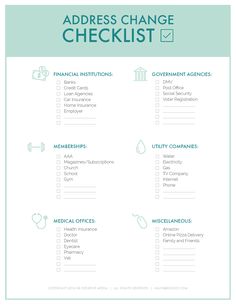 a checklist with the words, address change and other things to do on it