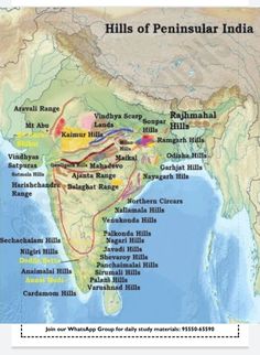 a map of the hills of peninsula in india, with major cities and rivers labeled