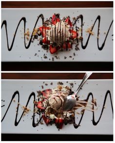 two pictures of dessert with chocolate sauce and strawberries