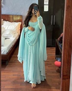 Sky Blue Dress Indian, Wedding Outfits For Bridesmaid, Anarkali Inspiration, Suit For Girls Indian, Light Blue Anarkali, Sky Blue Anarkali, Simple Anarkali Suits