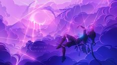 two people are climbing up into the sky in front of purple clouds and bright lights