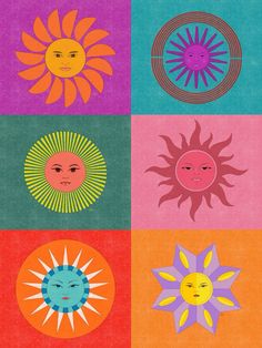 four different colored squares with sun faces on them