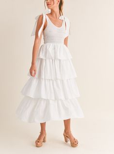 Cotton poplin smocked bodice ruffle tiered midi dress with self tie shoulder strap detail. Lining. SELF : 100% COTTONLINING : 100% RAYON Satin Flower Girl Dress, Tier Dress, Flounce Dress, Tiered Ruffle Dress, Flounced Dress, Satin Flowers, Beauty Dress, Tiered Midi Dress, Girl Dress