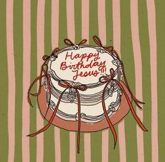 a birthday cake with the words happy birthday jesus written on it and tied in red ribbon