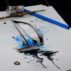 an image of a sailboat in the water with blue paint splattered on it