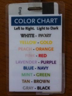 an id badge with the words color chart in different colors and font options on it