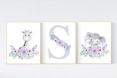 three nursery art prints with the letter s and two giraffes on them