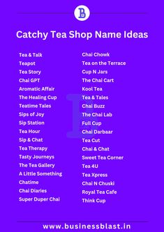 a purple poster with the words catchy tea shop name ideas