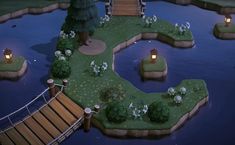 an animated scene of people walking across a bridge over a pond with flowers and trees