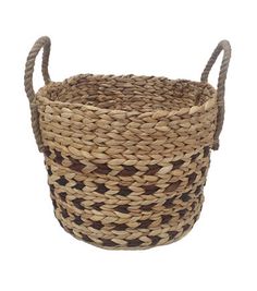 a brown and white basket with handles