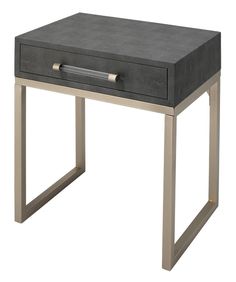 an end table with metal legs and a drawer on the top that has a silver handle