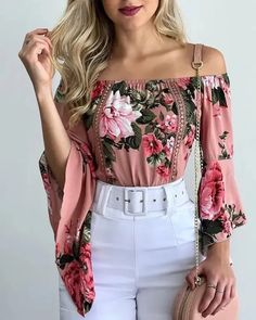 Lasaky - Off-the-Shoulder Floral Print Bell-Sleeve Top Sleeves Top Outfit, Floral Shirt Outfit, Spring Floral Blouse, Blouse Size Chart, Floral Sleeves, Boho Mode, Vintage Flare, Vintage Blouse, Strapless Tops