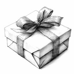 a black and white drawing of a present box with a bow on it's top