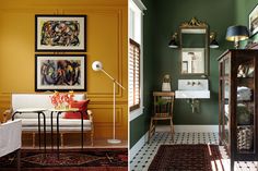 two rooms with green walls and white flooring, one in yellow and the other in dark green