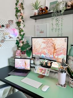 Green and pink floral themed desk gaming setup White And Green Pc Setup Aesthetic, Cottagecore Computer Setup, Floral Gaming Setup, Botanical Pc Setup, Pc Gaming Setup Cottagecore, Small Game Rooms, Cozy Desk, Cool Dorm Rooms, Study Room Design