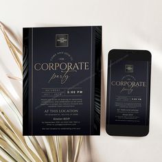 a black and gold corporate party flyer with palm fronds on the table next to it