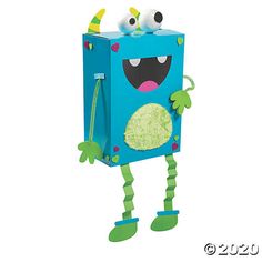 a blue box with green legs and two eyes is standing in front of a white background