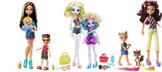 three dolls with different outfits and accessories are shown in this image, one is blonde