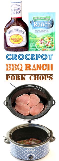 an image of bbq ranch pork chops in the crock pot with text overlay