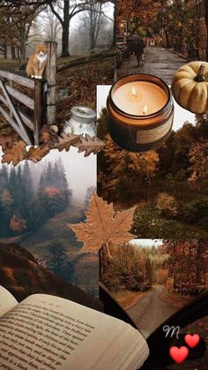 an open book sitting on top of a table next to a candle and some leaves