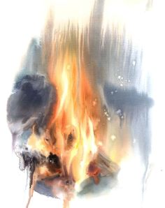 a painting of a fire burning in the middle of it's flames and water