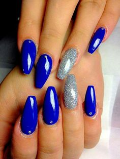 Blue Blue Coffin Nails, Royal Blue Nails, Short Coffin Nails, Blue Nail Art, Silver Nails, Fabulous Nails, Accent Nails