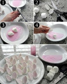 instructions for making marshmallows on a white plate with pink and white frosting