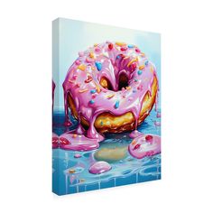 a painting of a donut with pink icing and sprinkles on it