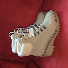 I Bought These At Tj Maxx Over A Year Ago And I've Never Worn Them. I Don't Know Why Because They're Adorable. I Guess I Never Found The Right Outfit? Cream Faux Leather Boots For Winter, Winter Cream Faux Leather Boots, Winter Beige Synthetic Boots, Cream Synthetic Boots For Winter, Cream Synthetic Winter Boots, Winter Cream Synthetic Boots, Casual Boots With Plush Lining, Beige Boots With Faux Fur Lining And Round Toe, Beige Boots With Faux Fur Trim And Round Toe