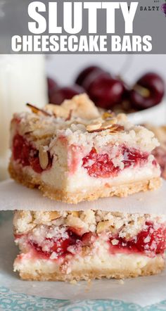 two pieces of cheesecake bars sitting on top of each other