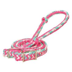 a pink and blue dog leash with metal buckles on white background, close up