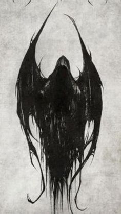 a black and white drawing of a demon with horns on it's head, in front of a gray background