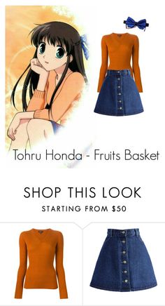 an image of a woman wearing a denim skirt and orange shirt with the words shop this look