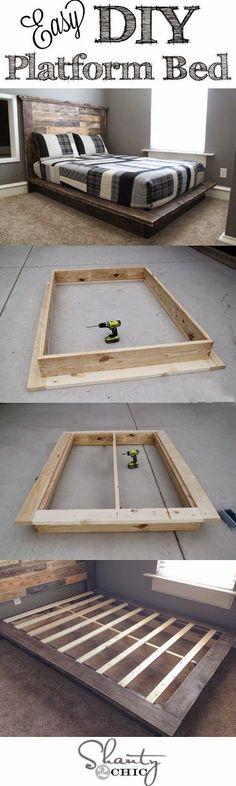 the diy platform bed frame is made out of wood and has been assembled to look like