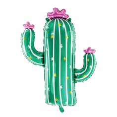 an inflatable cactus with pink bows on its head is shown against a white background