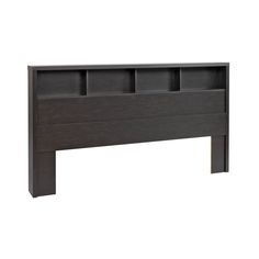 the headboard is made from wood and has three shelves on one side, with no mattress