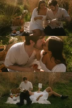 a man and woman kissing while sitting on the grass