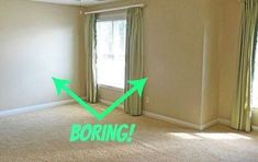 an empty living room with green arrows pointing to the ceiling and window curtains on either side