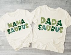 two t - shirts with the words mam saupus and dad saups printed on them