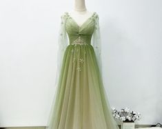 Cottage Core Prom Dress, Green Fairy Dress, Fairytale Prom, Senior 25, Green Formal Dress, Fairytale Gown, Green Formal Dresses, Beaded Party Dress, Tulle Party Dress