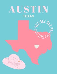 a pink texas map with a hat on it and the name of the state written in white